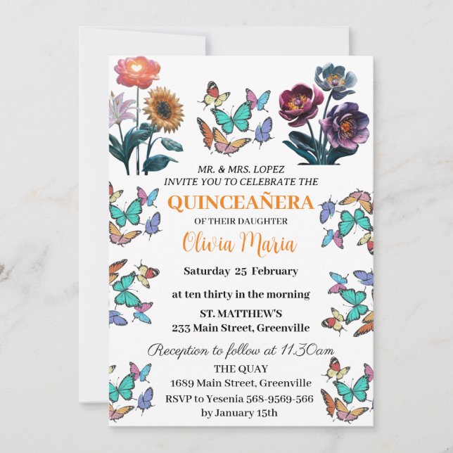 Körsbärsblommor Roséguld Fjärilar Quinceañera Inbjudningar (Framsida)