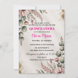 Körsbärsblommor Roséguld Fjärilar Quinceañera Inbjudningar