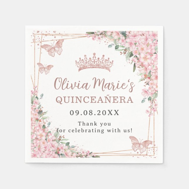Körsbärsblommor Roséguld Fjärilar Quinceanera Pappersservett (Framsidan)