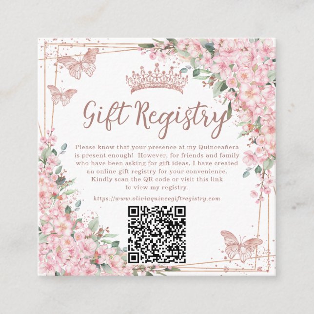 Körsbärsblommor Roséguld Quinceanera QR-gåva Tilläggskort (Framsida)