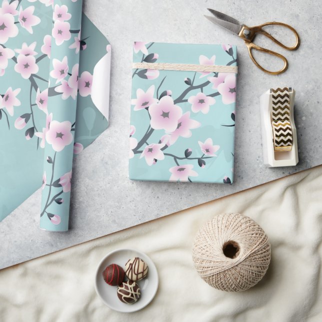 Körsbärsblomning Blommigt Dammrosa Akvamarin Presentpapper (Hantverk)