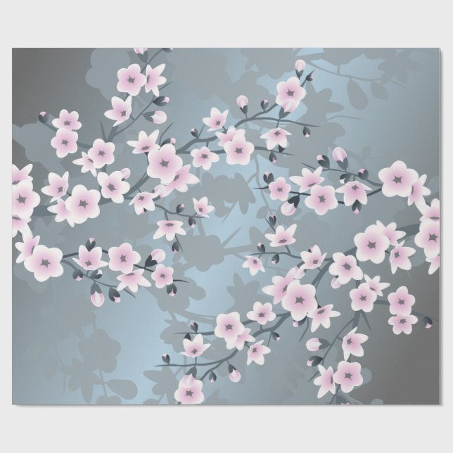 Körsbärsblomning Blommigt Dammrosa Dammblå Presentpapper (Platt)