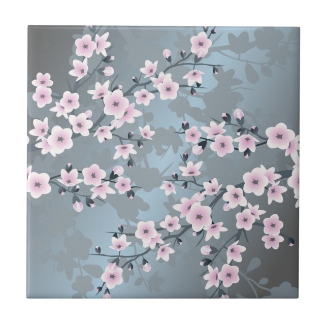 Körsbärsblomning Dammrosa Skifferblå Blommig Kakelplatta (Framsidan)