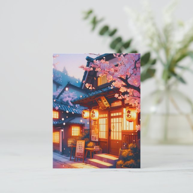 Körsbärsblomning natt i gamla Japan Vykort (Stående Fram)