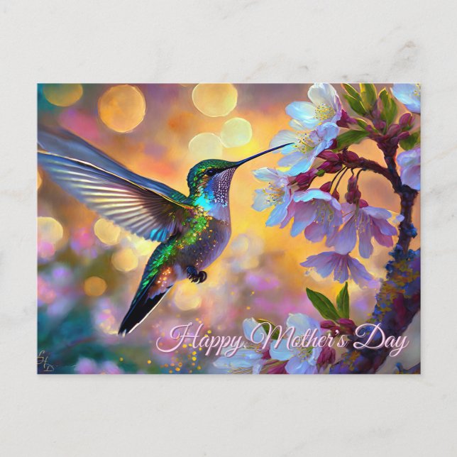 Körsbärsblomning Soluppgång Mors dag Kolibri Vykort (Framsida)