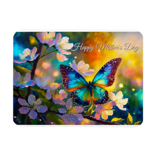 Körsbärsblomning Soluppgång Morsdag Fjäril Magnet (Horisontell)