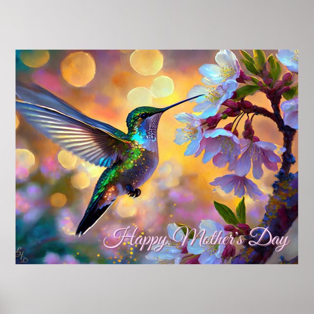 Körsbärsblomning Soluppgång Morsdag Kolibri Poster (Framsidan)