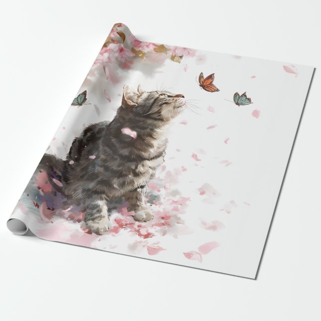 Körsbärsblomskatt och fjärilar (11) presentpapper (Utrullad)