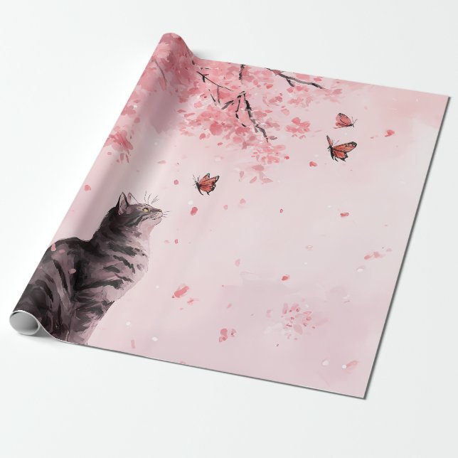 Körsbärsblomskatt och fjärilar (12) presentpapper (Utrullad)
