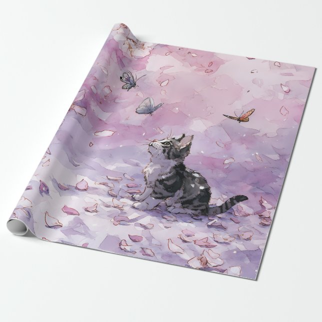 Körsbärsblomskatt och fjärilar (5) presentpapper (Utrullad)
