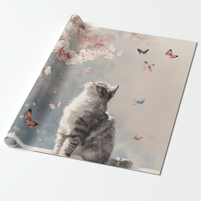 Körsbärsblomskatt och fjärilar (6) presentpapper (Utrullad)