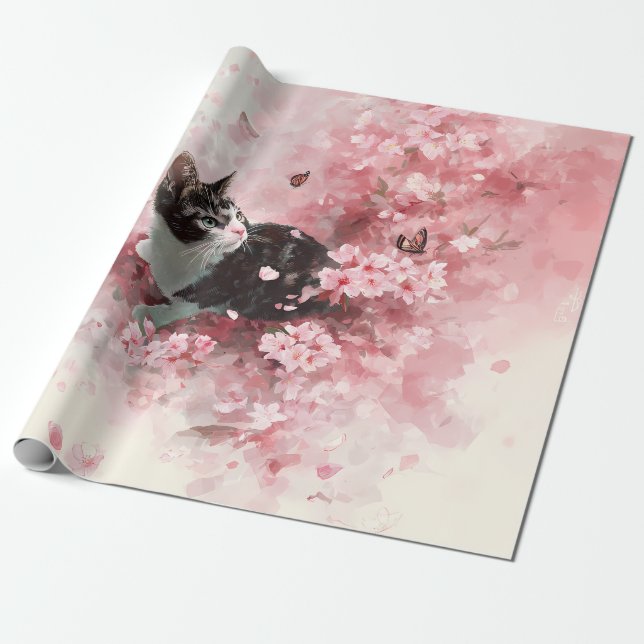 Körsbärsblomskatt och fjärilar (8) presentpapper (Utrullad)
