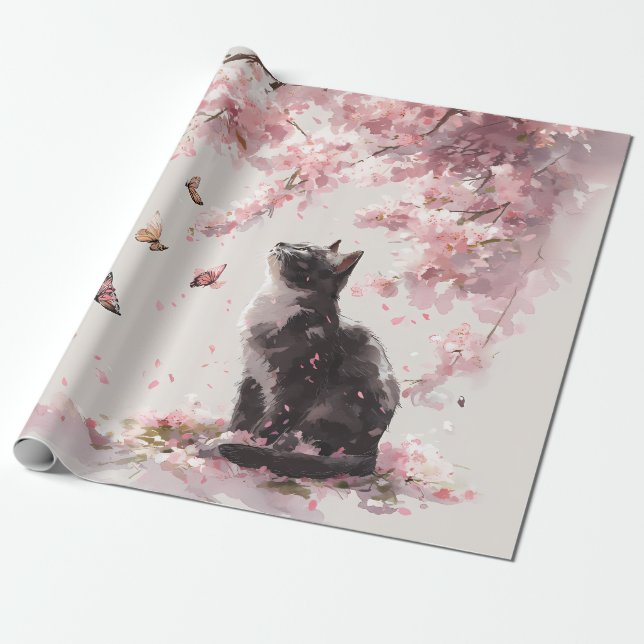 Körsbärsblomskatt och fjärilar (9) presentpapper (Utrullad)