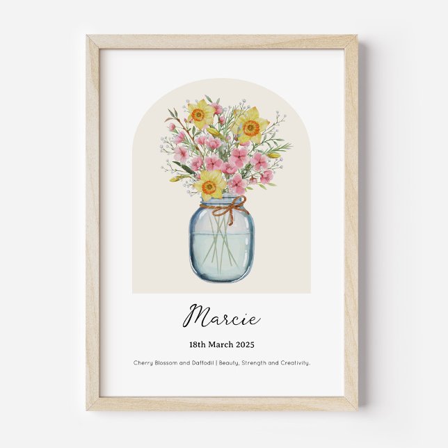 Körsbärsblomssmåskärm Födelsetidsblomma Affisch (Personalised March Birth Month Flower Bouquet in Vase Poster | Cherry Blossom and Daffodil.)