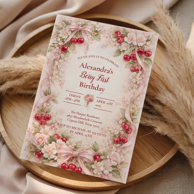 Körsbärsblomsterträdgårdstjej 1-årsdag inbjudningar (Skapare uppladdad)