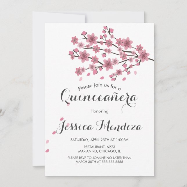 Körsbärsblomstrande Quinceañera Sweet 16 Inbjudningar (Framsida)