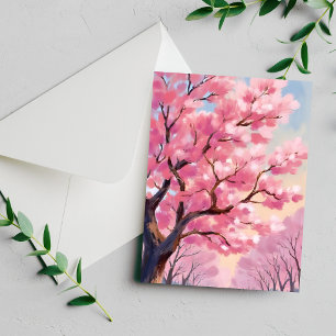 Körsbärsblomstrande Träd Rosa Blommotiv Målad Kort