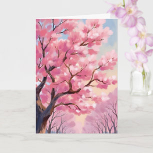 Körsbärsblomstrande Träd Rosa Blommotiv Målning Kort