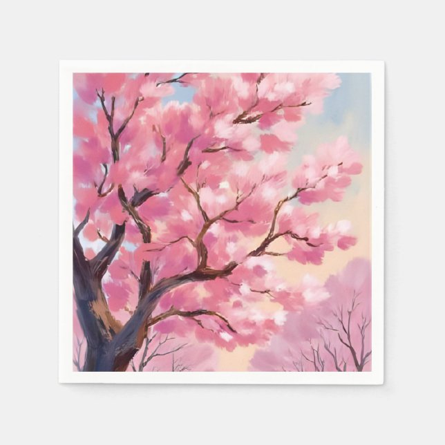 Körsbärsblomstrande Träd Rosa Blommotiv Målning Pappersservett (Framsidan)