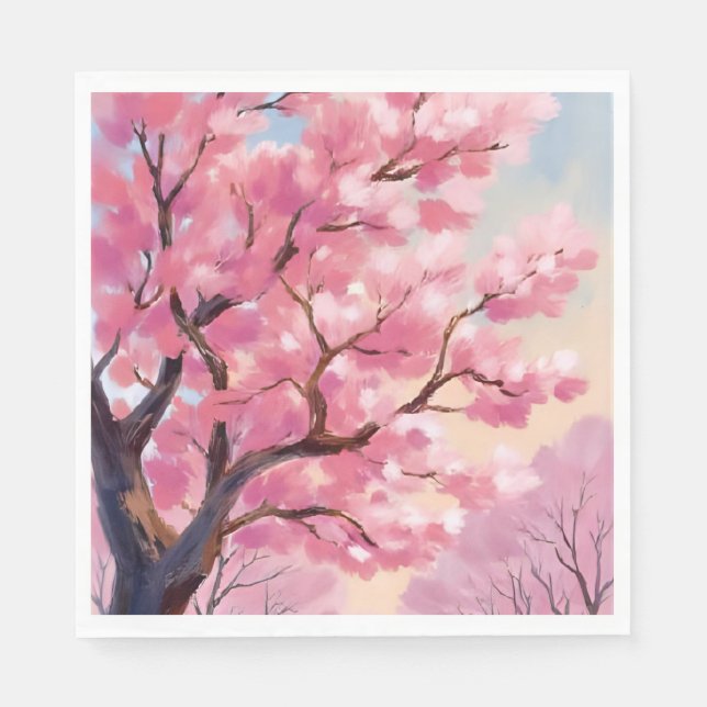 Körsbärsblomstrande Träd Rosa Blommotiv Målning Pappersservett (Framsidan)