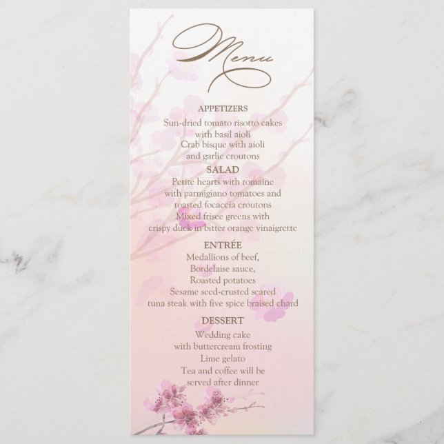 Körsbärskort Blommar/Sakura Bröllop Menu-kort Meny (Framsida)