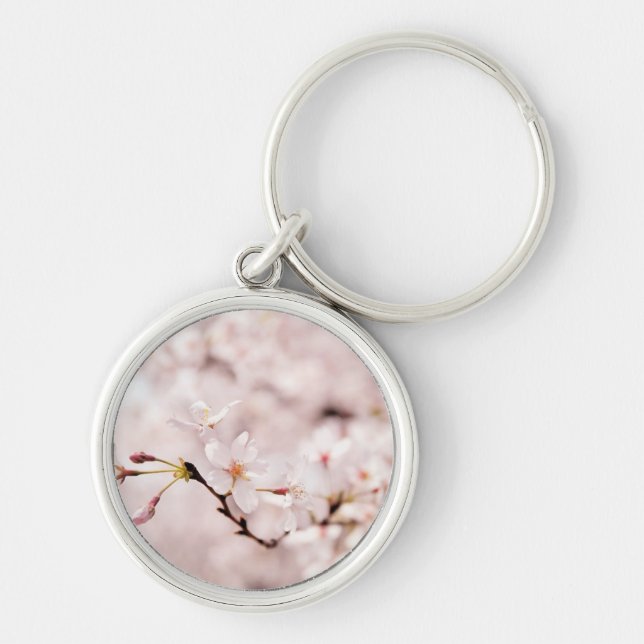 Körsbärsröd blommar Bokeh Keychain för vit Rund Silverfärgad Nyckelring (Framsidan)