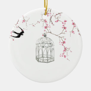 Körsbärsröd blommar, fågel, fågelbur - original, julgransprydnad keramik