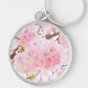Körsbärsröd blommar för rosa träd rund silverfärgad nyckelring