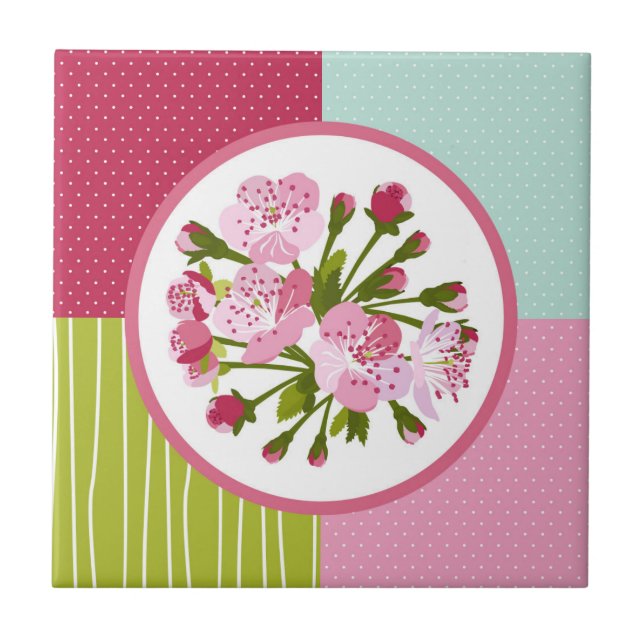 Körsbärsröd blommar kakelplatta (Framsidan)