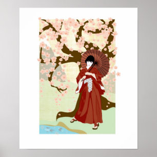 körsbärsröd blommargeisha poster
