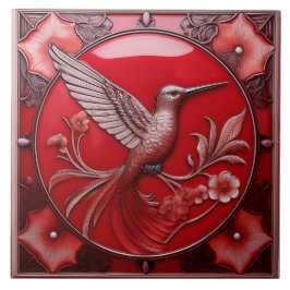 Körsbärsröd falsk relief Art Nouveau kolibri R Kakelplatta