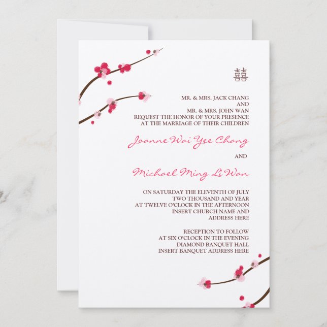 Körsbärsröd inbjudan för blommardubblalycka (Framsida)