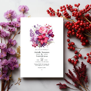 Körsbärsröd och ljungpurpur blomster höstbröllop inbjudningar