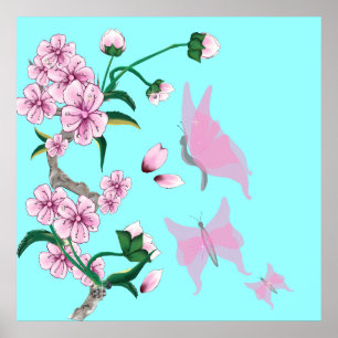 Körsbärsröda blommar med den rosa fjärilsaffis poster
