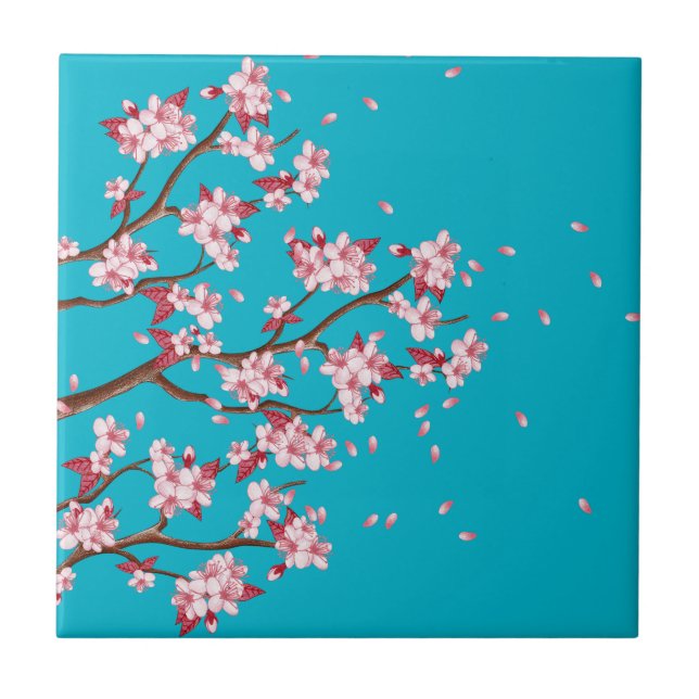 Körsbärsröda blommargrenar kakelplatta (Framsidan)