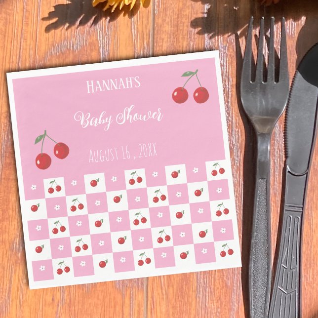 Körsbärstema Rosa och Vita Pappersservetter (Cherry theme whimsical pink and white Gingham pattern paper napkins . )