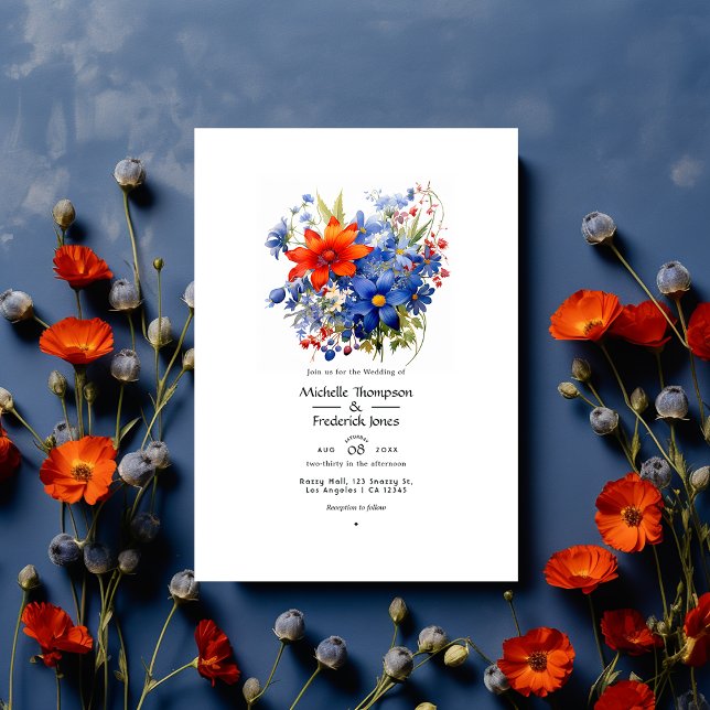 Körsbärstomater och Royal Blue Blommig Bröllop Inbjudningar (Skapare uppladdad)