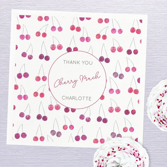 Körsbärsvattenfärg Bröllopsdusch Personlig Pappersservett (Personalized thank you cherry much name cherry pattern watercolor party paper napkins)