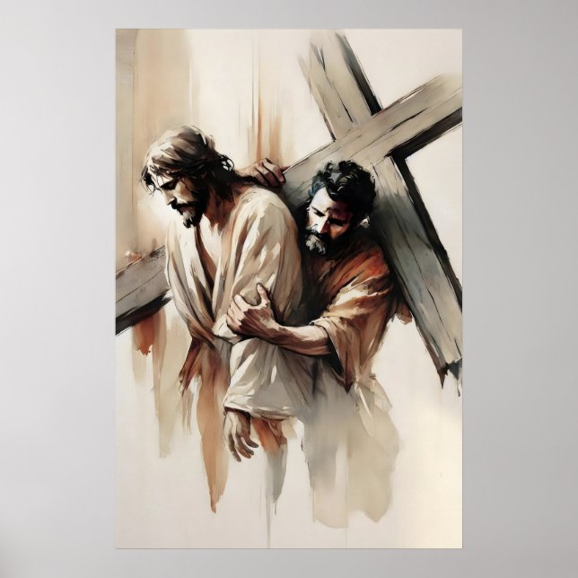 Korsets Stationer Simon från Cyrene Hjälper Jesus Poster (Framsidan)