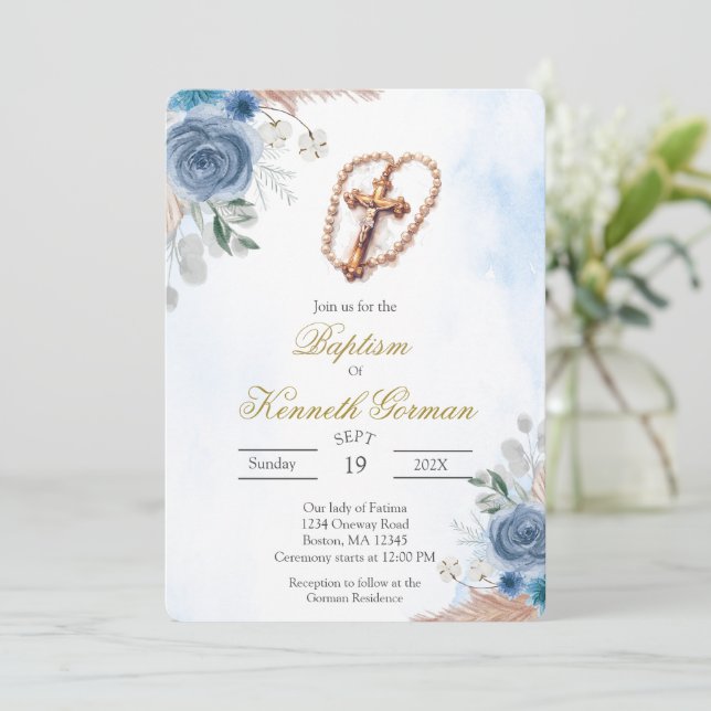 Korsfästelse blå boho blommig dop inbjudan (Stående Fram)