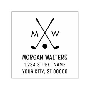 Korslagda Golfklubbor Golfboll Monogram Namn Adres Självfärgande Stämpel