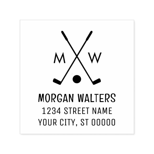 Korslagda Golfklubbor Golfboll Monogram Namn Adres Självfärgande Stämpel (Design)