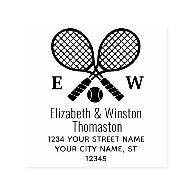 Korslagda tenniskracketar monogram namn adress självfärgande stämpel (Design)