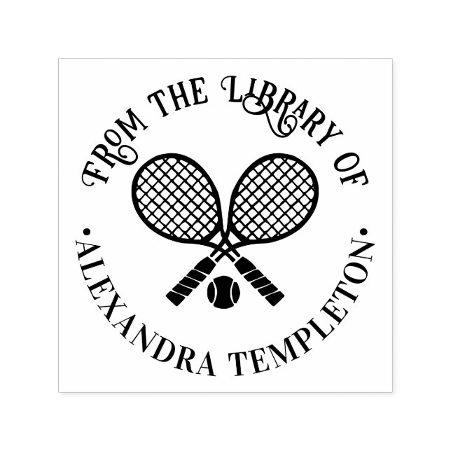 Korslagda tenniskracketar runt bibliotekets boknam självfärgande stämpel (Design)