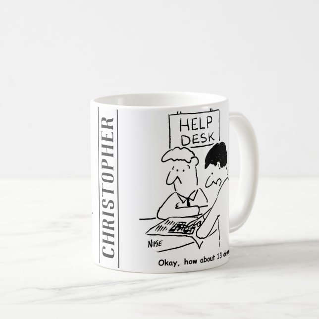 Korsordsentusiast frågar i en hjälpdesk kaffemugg (Framsida höger)