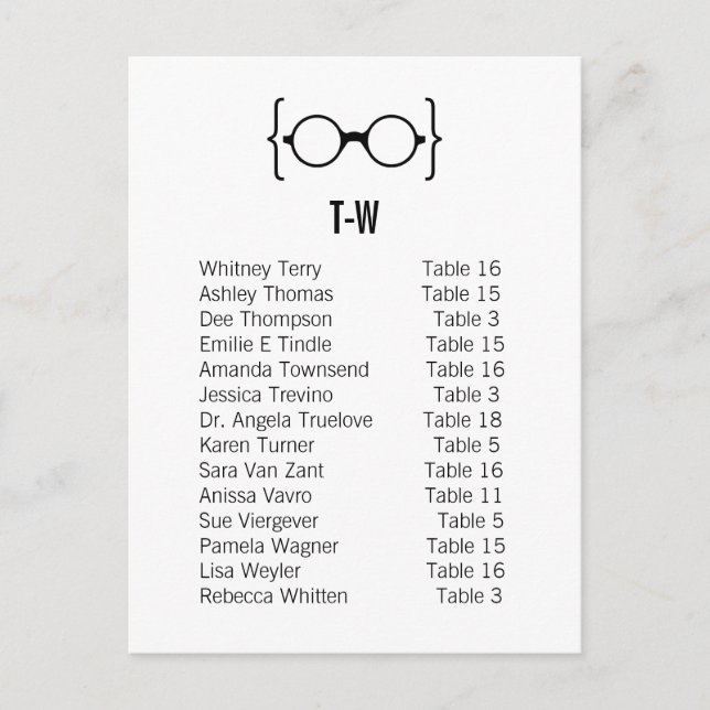 Kort 13 Geeky Glasses Seating Chart vykort v1 (Framsida)