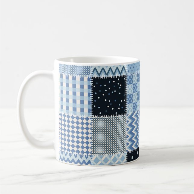 Kort design, geometriskt lapptäcke, blå toner. kaffemugg (Vänster)
