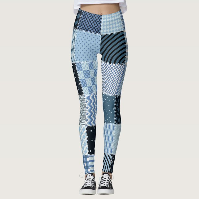 Kort design, geometriskt lapptäcke, blå toner. leggings (Framsida)