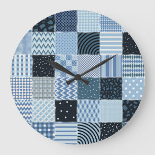 Kort design, geometriskt lapptäcke, blå toner. stor klocka
