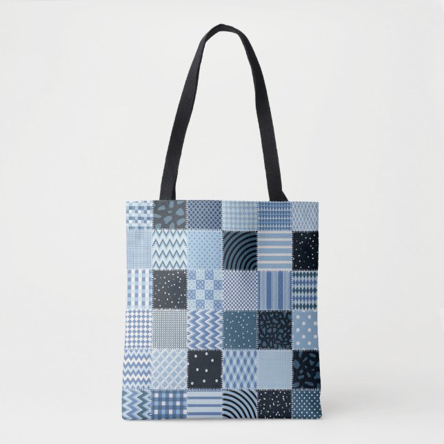 Kort design, geometriskt lapptäcke, blå toner. tygkasse (Framsida)